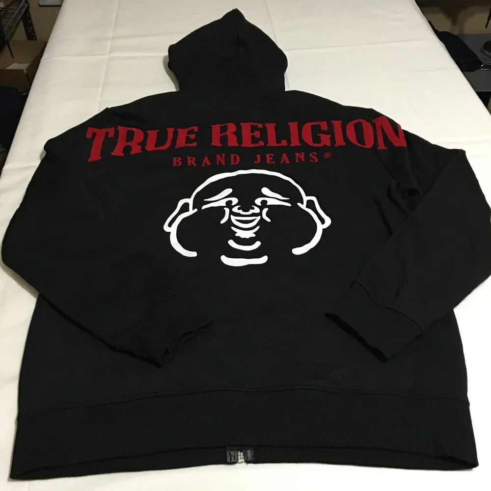 True Religion Full Zip Hoodie Mens Large Black Buddha Logo Graphic
